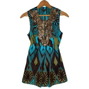 AKIKO Blue Brown Silk Cotton Beaded Sequined Tie Back Tank Top      Size: S